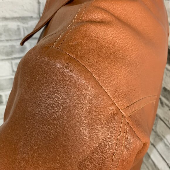 Vintage 70s Camel Faux Leather Shirt Jacket Retro Disco Collar Coat Shacket - Picture 7 of 13